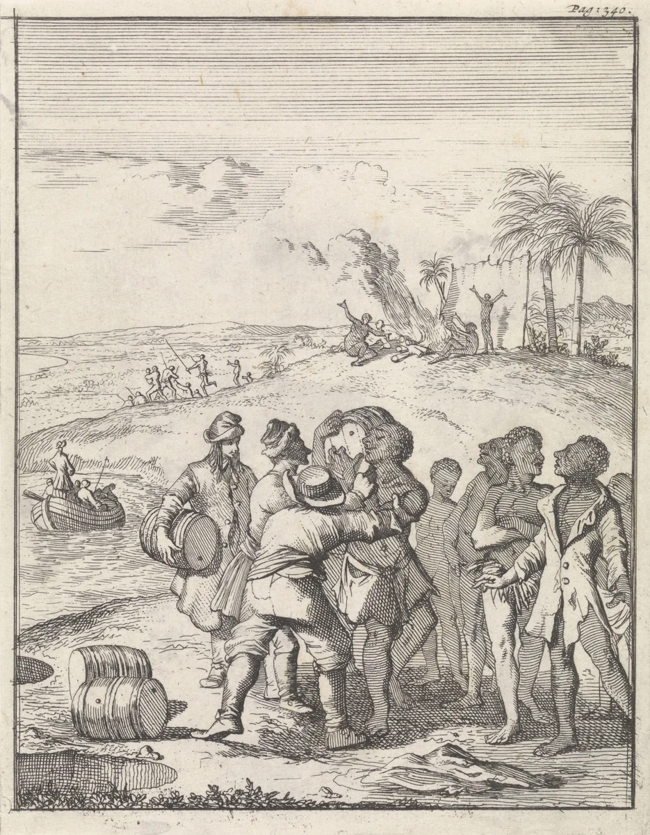 Europese matrozen proberen tevergeefs om Aboriginals vaten te laten dragen by Caspar Luyken, print, 1698