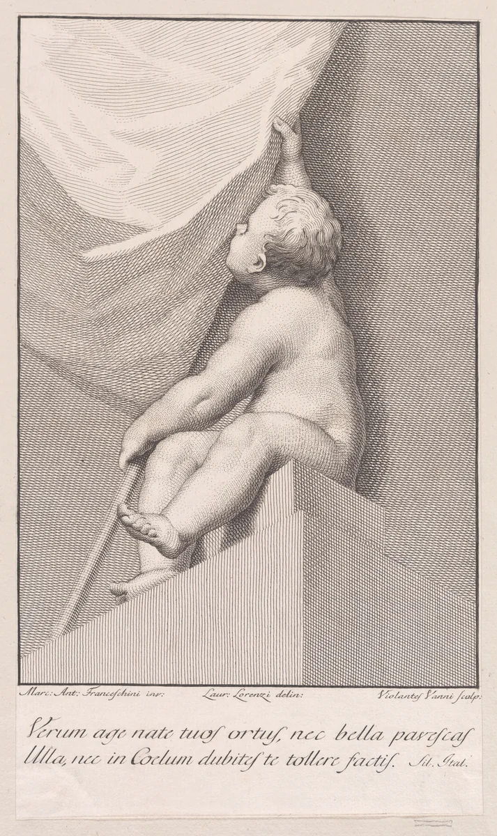 Putto with a banner by Violante Vanni, print, 1774