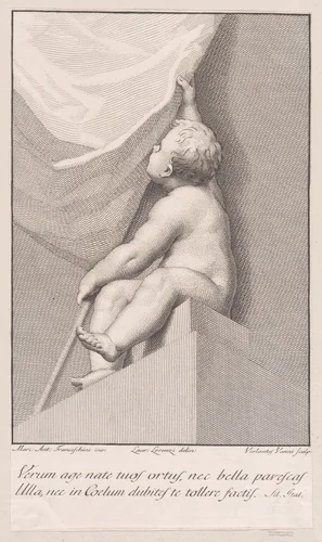 Putto with a banner by Violante Vanni, print, 1774