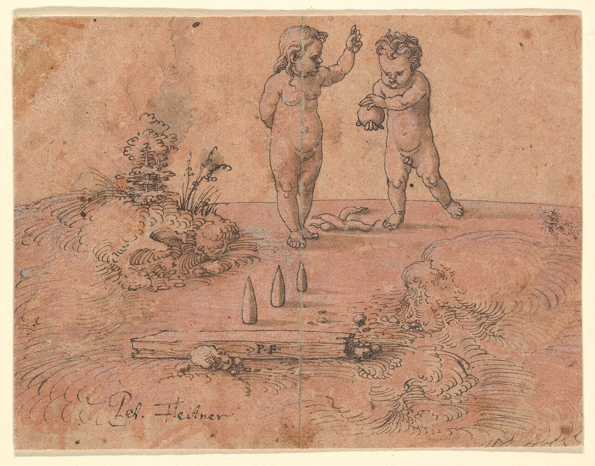 Two Children Playing with a Ball by Peter Flötner, drawing, 1500-1546