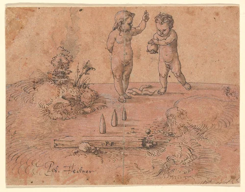 Two Children Playing with a Ball by Peter Flötner, drawing, 1500-1546