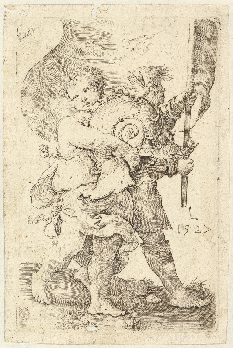 Two Boys with a Helmet and Standard by Lucas van Leyden, print, 1527