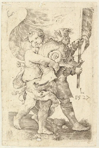 Two Boys with a Helmet and Standard by Lucas van Leyden, print, 1527