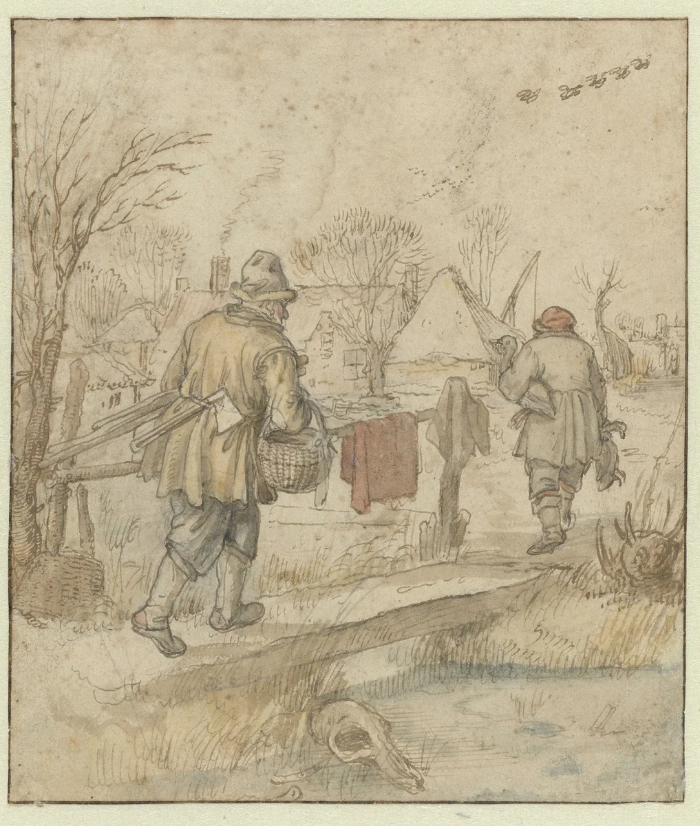 Return of the Duck Hunters / verso: Sketches of Ships and of a Man in Winter Clothing by Hendrick Avercamp, drawing, 1610-1615