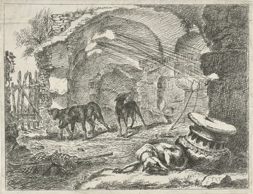 Vier honden bij een ruïne by anonymous, print, 1648