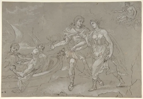 The Rape of Helena; verso: Study of a Kneeling Nude Male Figure by Daniel Seiter, drawing, 1647-1705