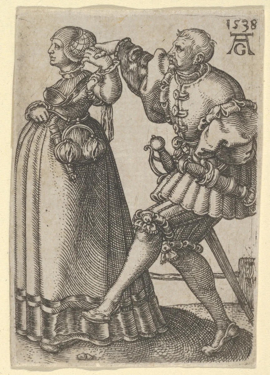 Dancing Couple, with the Male Figure Mid-Step, from "The Small Wedding Dancers" by Heinrich Aldegrever, print, 1538