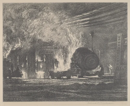 Steel Being Poured Into Open Hearth Furnace by Roderick D. MacKenzie, print, 1922