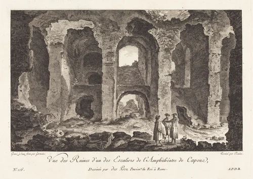 Vue des Ruines d'un des Escaliers de l'Amphithéatre de Capue by P.F. Germain; Louis-Jean Desprez, print, 1700-1800