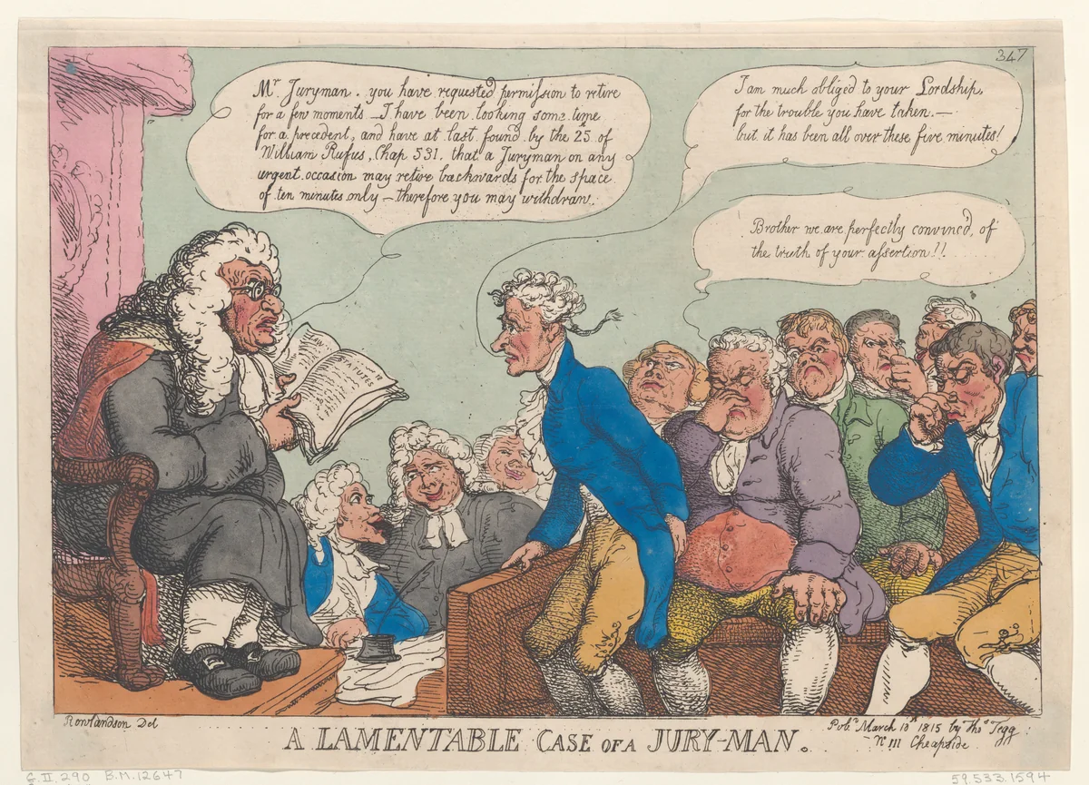 A Lamentable Case of a Jury-Man by Thomas Rowlandson, print, 1815
