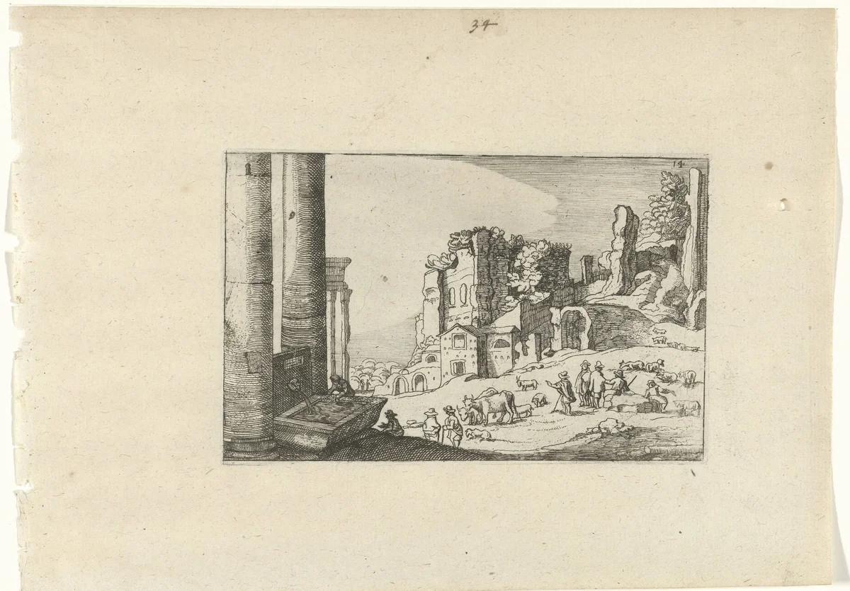 Vee tussen Romeinse ruïnes by anonymous, print, 1594-1685