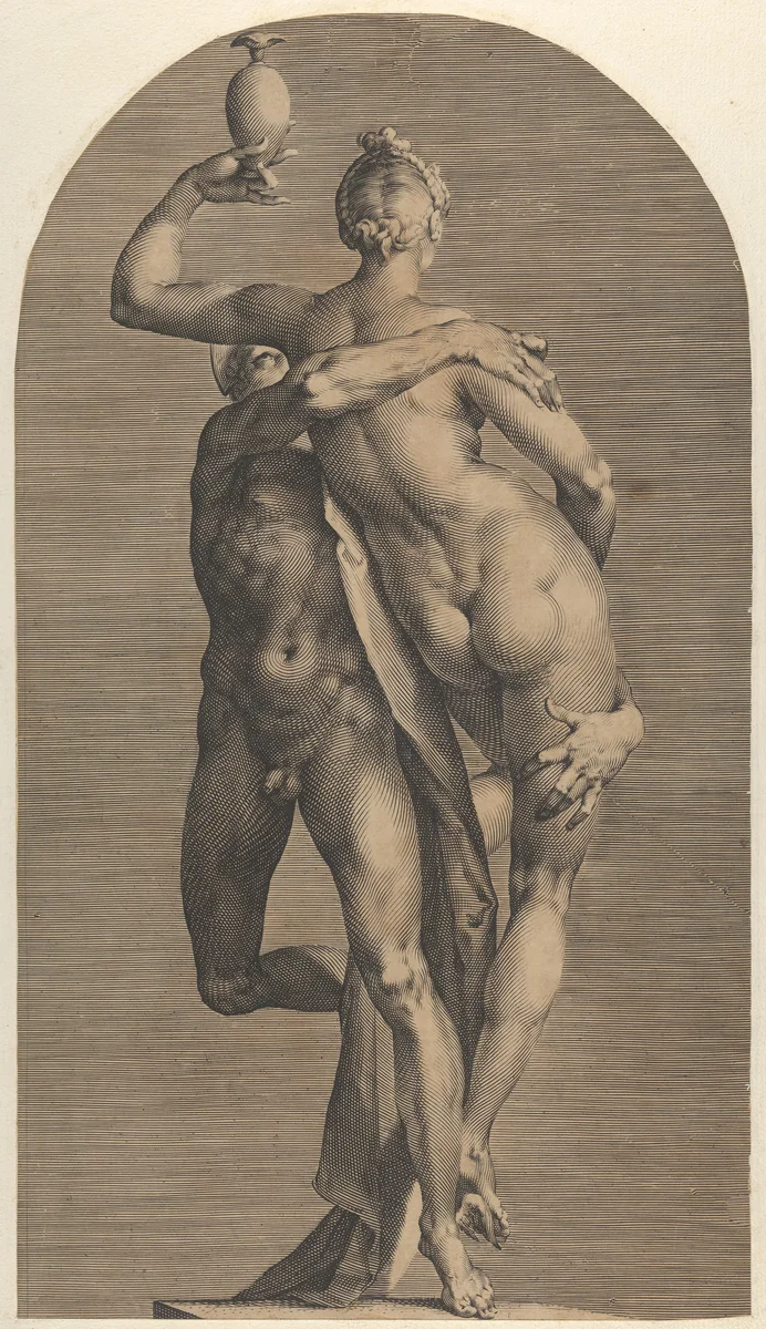 Mercury Abducting Psyche (view with Psyche from behind), from a set of three views of the sculpture by Jan Muller, print, 1588-1598