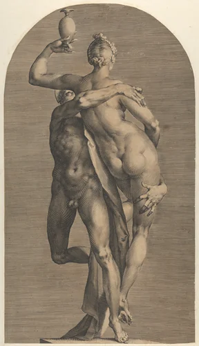 Mercury Abducting Psyche (view with Psyche from behind), from a set of three views of the sculpture by Jan Muller, print, 1588-1598