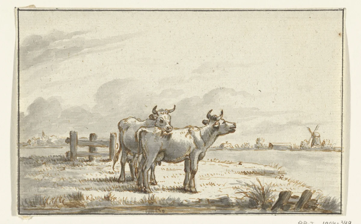Twee koeien in de wei by Jean Bernard, drawing, 1775-1833