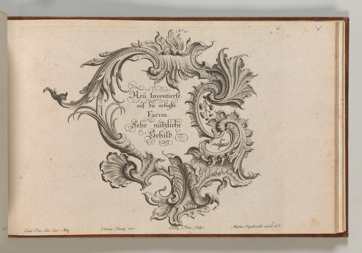 Design for a Cartouche, Plate 1 from 'Neu Inventierte auf die artigste Facon Sehr nutzliche Schild.' by Johann Georg Pintz, book, 1745-1755