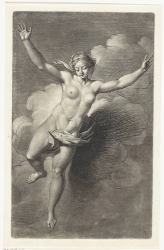 Naakte vrouw in de wolken by Bernard Picart, print, 1683-1733