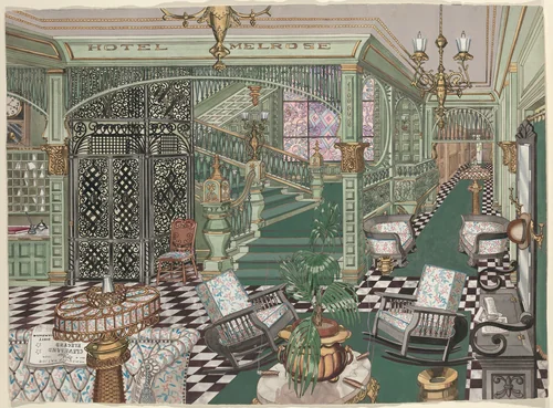 Hotel Melrose Lobby, 1880 by Perkins Harnly, index of american design, 1947