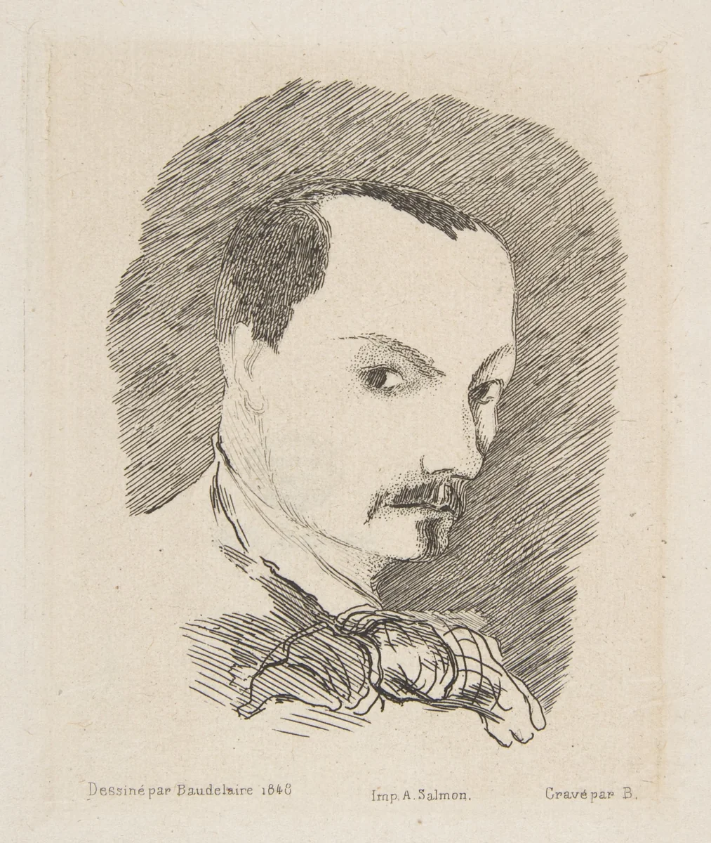 Portrait of Charles Baudelaire, after his own design of 1848 by Félix Bracquemond, print, 1869
