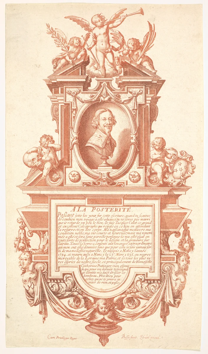 Epitaph and Portrait of Jacques Callot by Abraham Bosse, print, 1635-1636