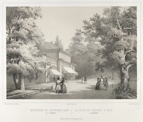Le Café au Jardin d'été à St. Pétersbourg, from "Vues pittoresques des palais & jardins impériaux aux environs de St. Petersbourg" by J. Meyer, print, 1845-1855