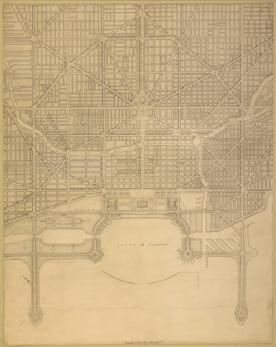 Plate 110 from The Plan of Chicago, 1909: Chicago. Plan of the Complete System of Street Circulation; Railway Stations; Parks, Boulevard Circuits and Radial Arteries; Public Recreation Piers, Yacht Harbor, and Pleasure-Boat Piers; Treatment of Grant Park; the Main Axis and the Civic Center, Presenting the City as a Complete Organism in which All its Functions are Related One to Another in such a Manner that it will Become a Unit by Daniel Hudson Burnham
Edward Herbert Bennett, drawing, 1909