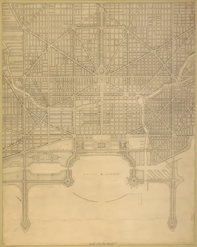 Plate 110 from The Plan of Chicago, 1909: Chicago. Plan of the Complete System of Street Circulation; Railway Stations; Parks, Boulevard Circuits and Radial Arteries; Public Recreation Piers, Yacht Harbor, and Pleasure-Boat Piers; Treatment of Grant Park; the Main Axis and the Civic Center, Presenting the City as a Complete Organism in which All its Functions are Related One to Another in such a Manner that it will Become a Unit by Daniel Hudson Burnham
Edward Herbert Bennett, drawing, 1909