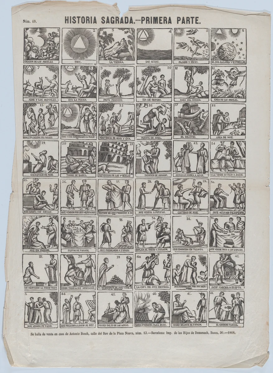 Broadside with 48 scenes illustrating passages of holy scripture (Part I) by Antonio Bosch, print, 1868