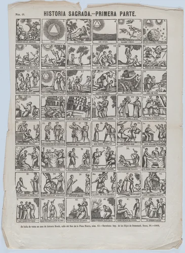 Broadside with 48 scenes illustrating passages of holy scripture (Part I) by Antonio Bosch, print, 1868