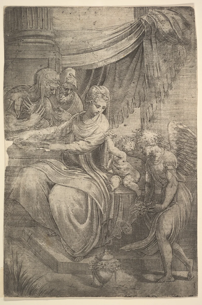 The Holy Family, an angel holding flowers approaching from the right by Andrea Schiavone, print, 1550-1553