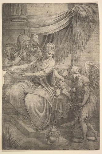 The Holy Family, an angel holding flowers approaching from the right by Andrea Schiavone, print, 1550-1553