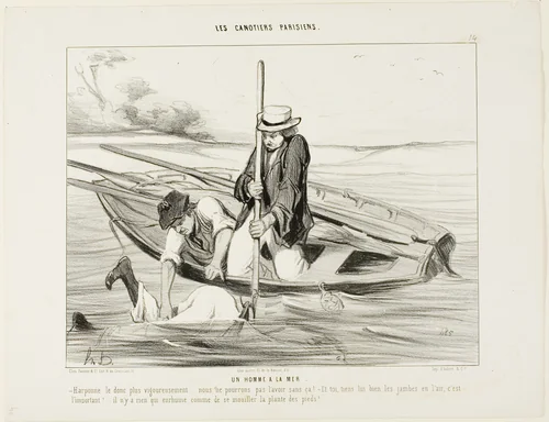 Man Overboard! “- Harpoon him more firmly!.... we can't get him otherwise! And you, hold his legs up in the air, that's very important.... There is nothing in the world that makes you catch a cold faster than by getting your feet wet,” plate 14 from Les Canotiers Parisiens by Honoré-Victorin Daumier, print, 1843