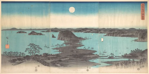 Panorama of the Eight Views of Kanasawa under a Full Moon by Utagawa Hiroshige (歌川広重), print, 1857