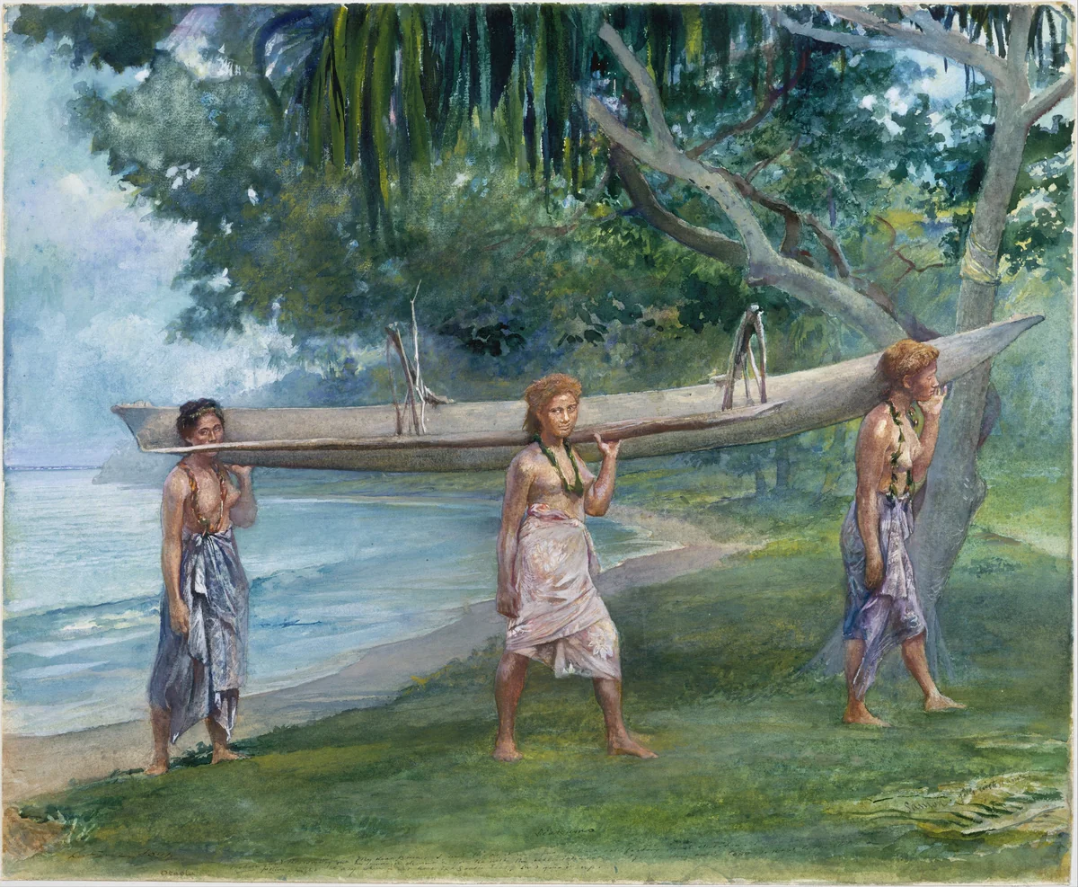 Girls Carrying a Canoe, Vaiala in Samoa by John La Farge, artwork, 1891