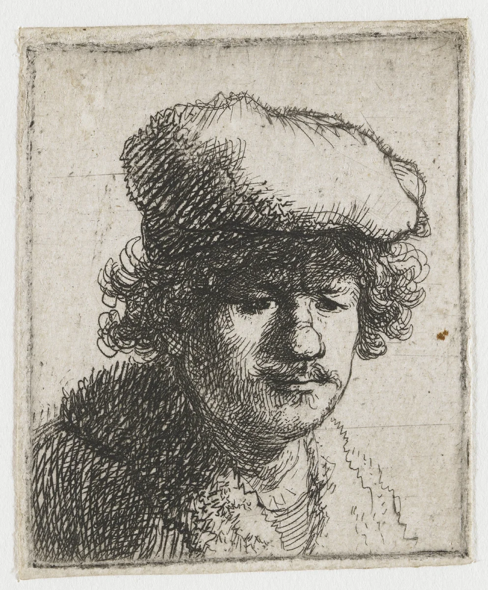 Self-portrait with cap pulled forward by Rembrandt van Rijn, print, 1630