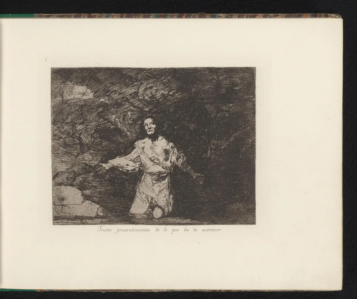 Geknielde man in donkere grot by Francisco de Goya, book, 1810-1820