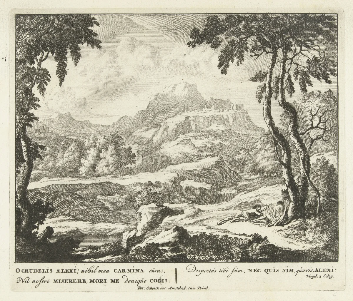 Landschap met twee herders bij een boom by Jan van Call, print, 1666-1706