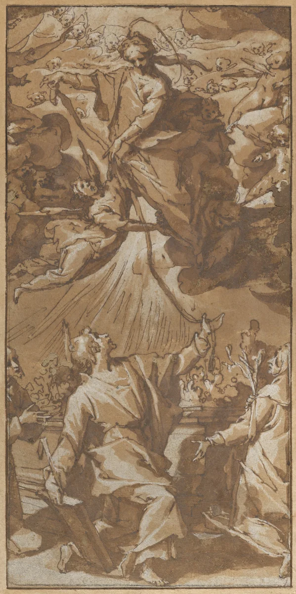 The Virgin Giving the Girdle to Saint Thomas, between Saints Francis and Catherine of Siena by Andrea Boscoli, drawing, 1595-1605