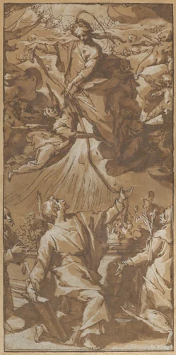 The Virgin Giving the Girdle to Saint Thomas, between Saints Francis and Catherine of Siena by Andrea Boscoli, drawing, 1595-1605