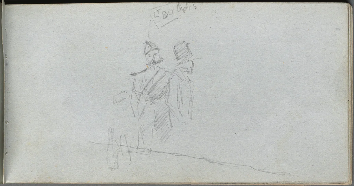 Sketchbook, page 38: Study of a Solider and Figure in Top Hat by Ernest Meissonier, book, 1860-1869