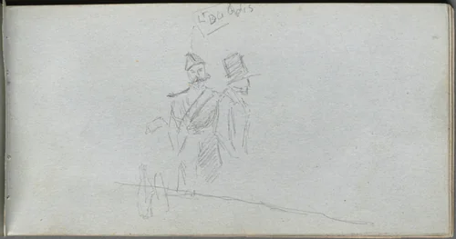 Sketchbook, page 38: Study of a Solider and Figure in Top Hat by Ernest Meissonier, book, 1860-1869