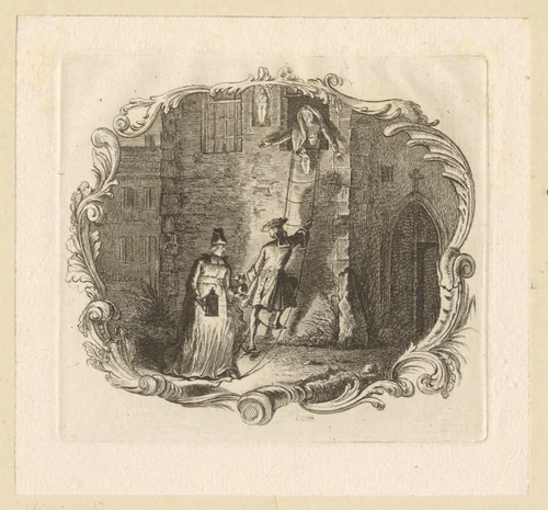 Jongeman bezoekt geliefde via het raam by Georg Friedrich Schmidt, print, 1774