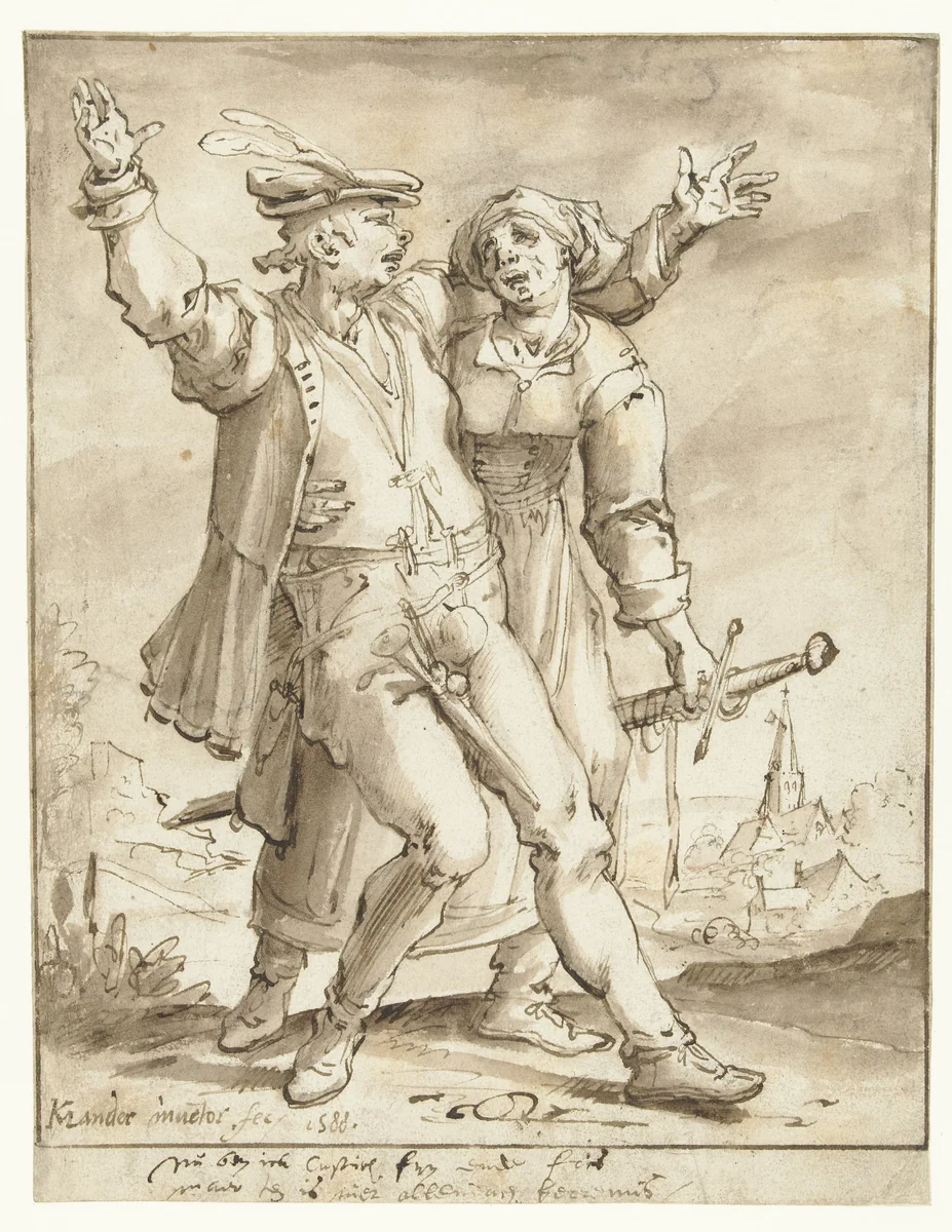 Dronken soldaat vergezeld door een vrouw by Karel van Mander, drawing, 1588
