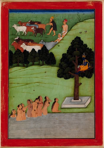 "Krishna Steals the Clothing of the Gopis (Female Cowherds)", Folio from the Devotional Text of the Bhagavata Purana by The Early Master, painting, 1635-1645