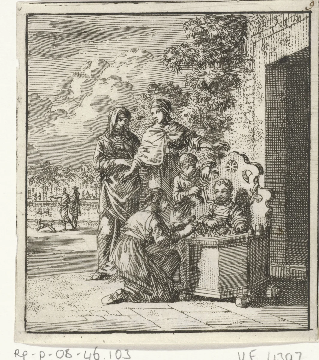Twee kinderen spelen met een klein kind in een speelstoel by Jan Luyken, print, 1712