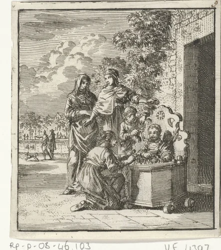 Twee kinderen spelen met een klein kind in een speelstoel by Jan Luyken, print, 1712