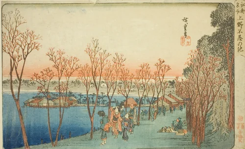 Shinobazu Pond at Ueno (Ueno Shinobazu no ike), from the series "Famous Places in Edo (Koto meisho)" by Utagawa Hiroshige (歌川広重), print, 1827-1839