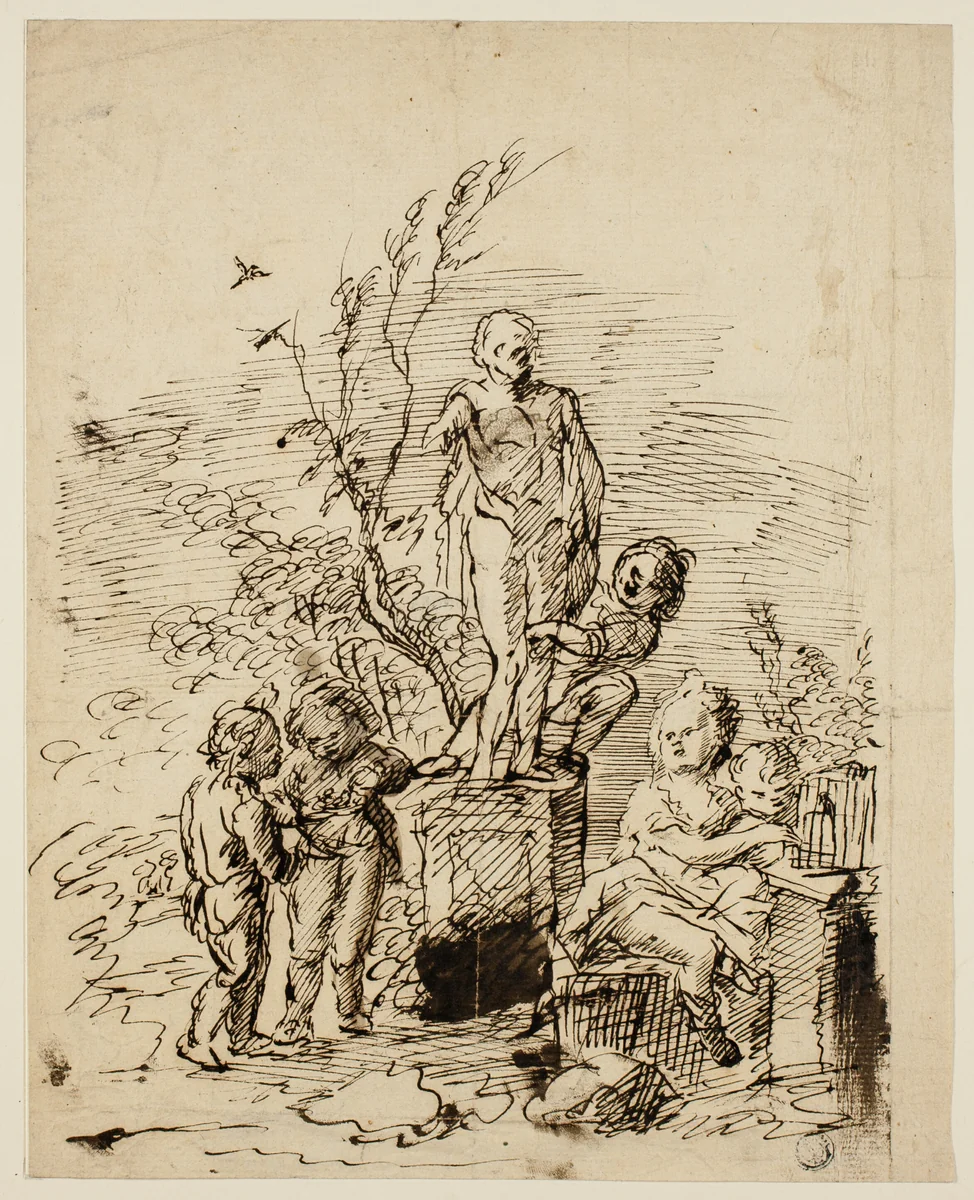 Children Playing near Statue in Garden by John Vanderbank, drawing, 1704-1739