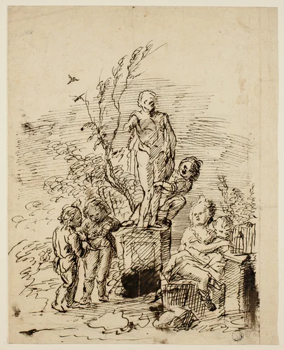 Children Playing near Statue in Garden by John Vanderbank, drawing, 1704-1739