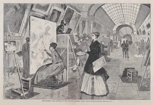 Art-Students and Copyists in the Louvre Gallery, Paris (from "Harper's Weekly," Vol. XII) by Winslow Homer, print, 1868
