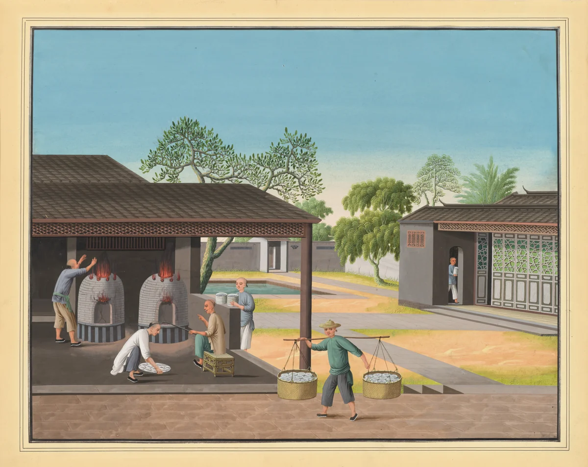 Using Muffle Stoves for the Firing of Porcelain in a Cantonese Workshop by Unidentified Artist, painting, 1820-1840